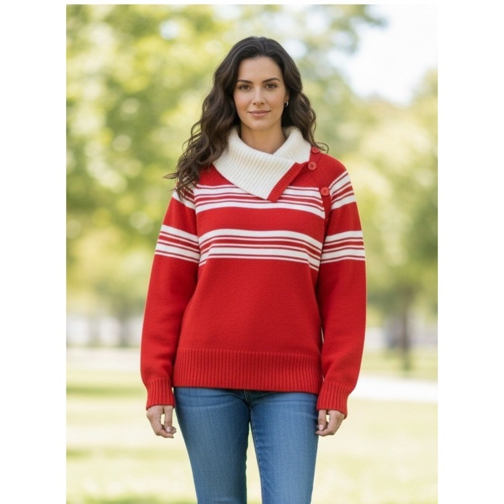 Jones New York Sport Womens L Red White Striped Button Collar Knit Sweater